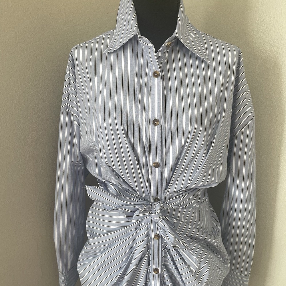 MABLE Sz M Blue/Multi Striped Midi Shirt Dress Front Tie Long Sleeve Coastal - Picture 9 of 15